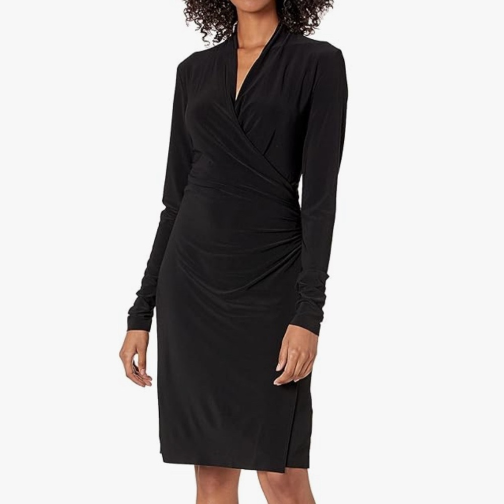 Norma Kamali Long Sleeve Side Drape Below the Knee V Neck Black Dress EUC Size M